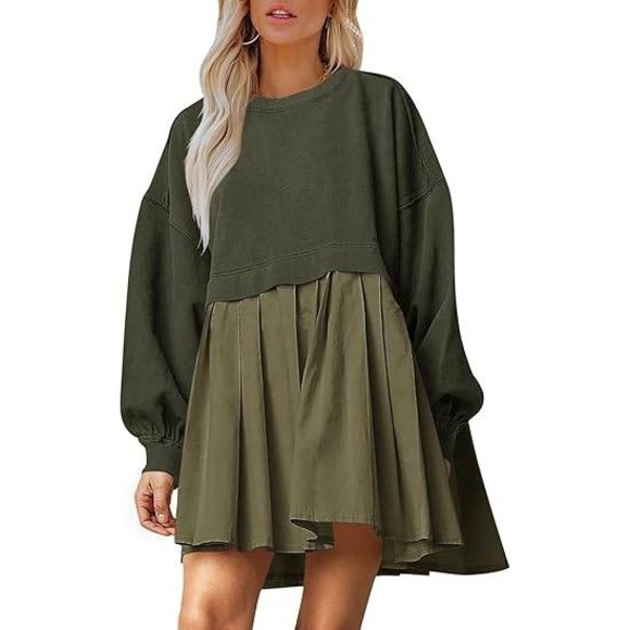 Sweatshirt Dress Olive Green Mini Drop Waist Long Sleeve Casual Chic - Picture 1 of 6